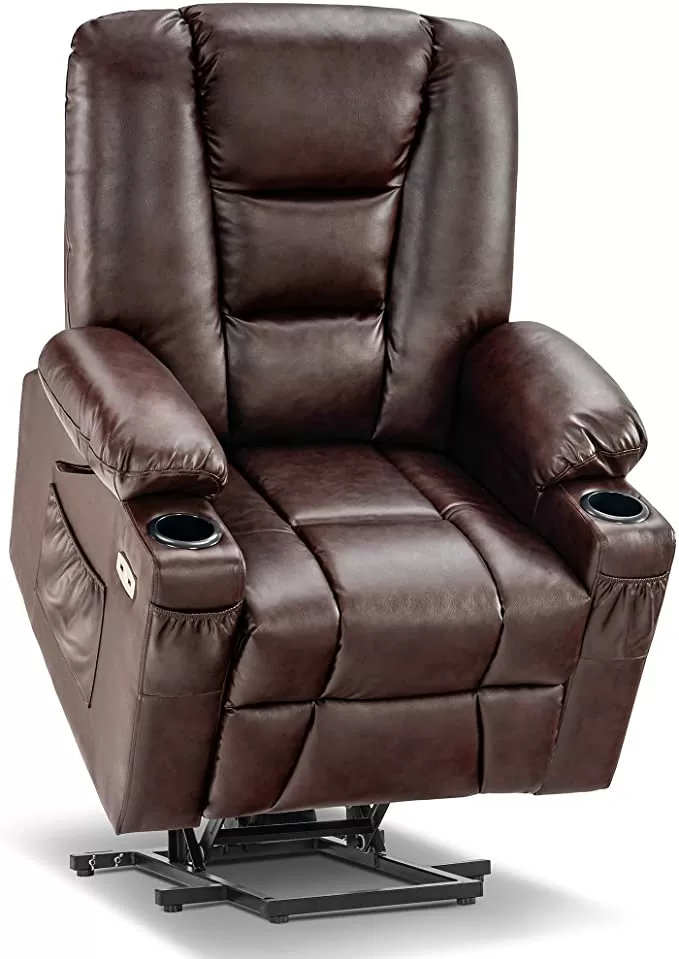 Mcombo Power Lift Recliner Chair with Massage and Heat for Elderly, Extended Footrest, 3 Positions, Lumbar Pillow, Cup Holders, USB Ports, Faux Leather 7519 (Medium, Dark Brown)