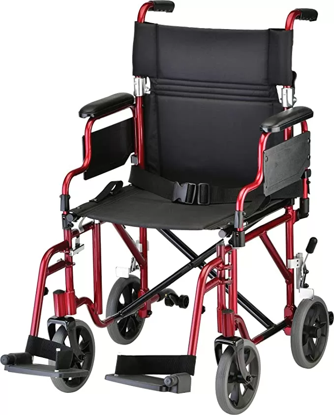 NOVA Medical Products Lightweight Transport Chair with Removable & Flip Up Arms for Easy Transfer, Anti-Tippers Included, Red