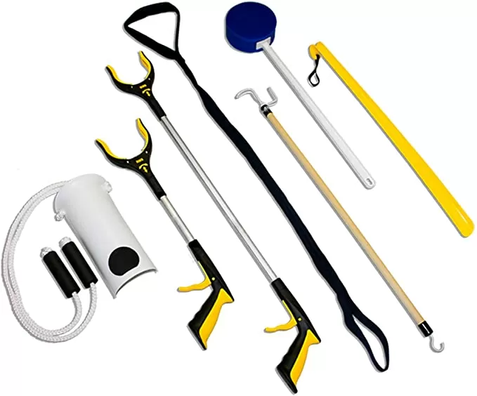 RMS Premium 7-Piece Hip Knee Replacement Kit with Leg Lifter, 19 and 32 inch Rotating Reacher Grabber, Long Handle Shoe Horn, Sock Aid, Dressing Stick, Bath Sponge – for Knee or Back Surgery Recovery